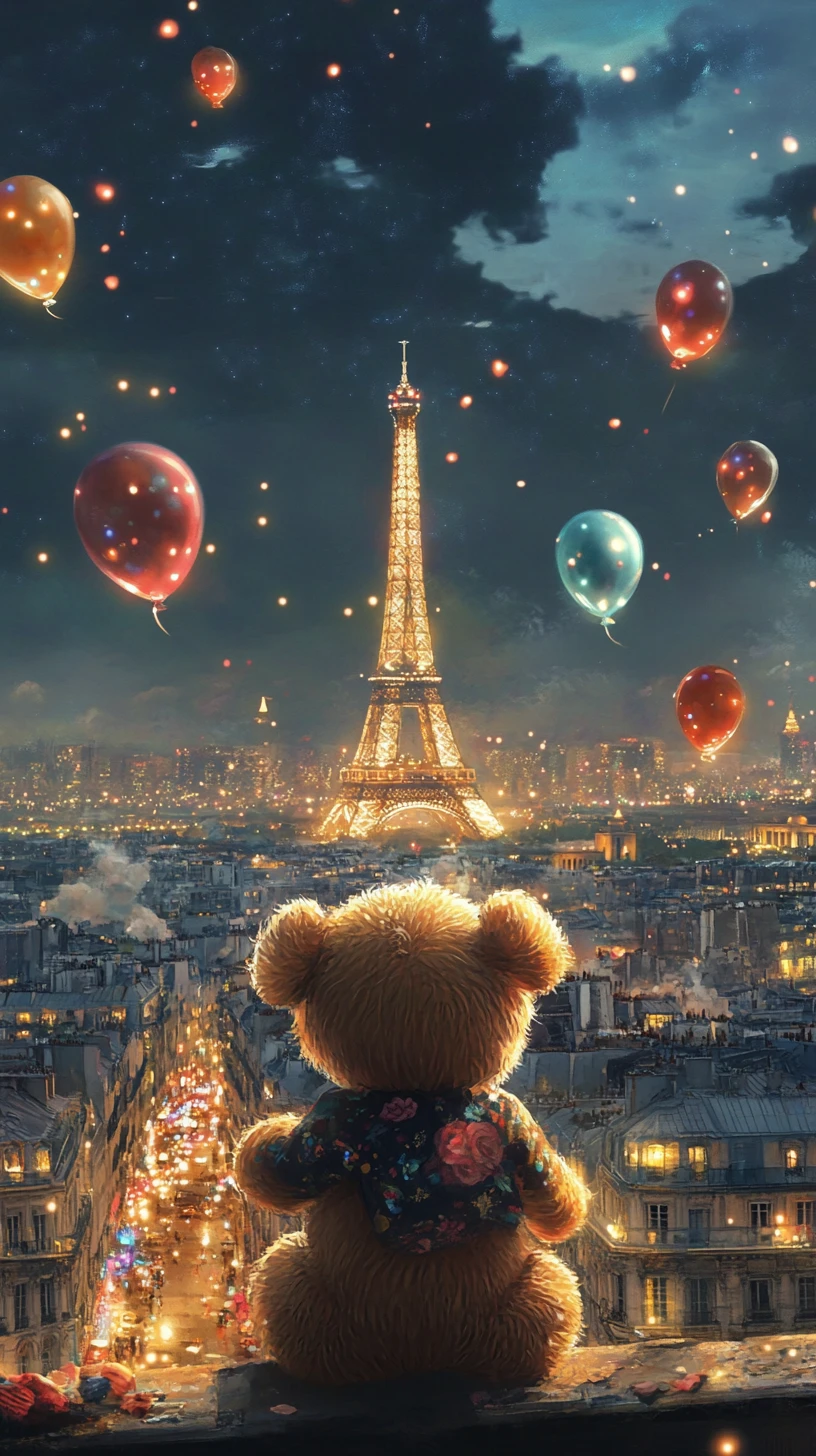 Süßer Teddybär mit leuchtenden Ballons über der Skyline von Paris