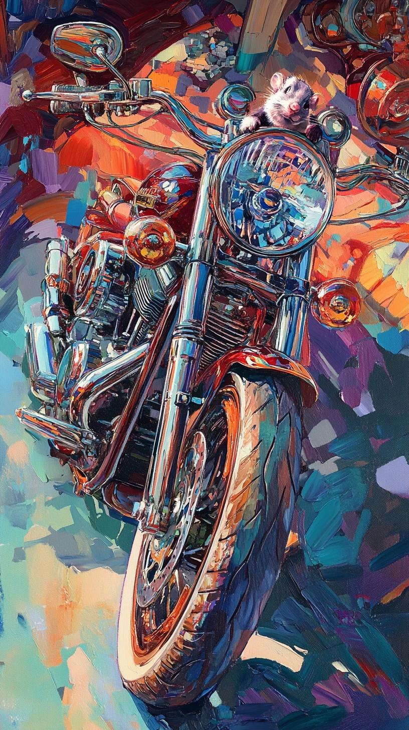Pintura surreal de motocicleta steampunk con un pequeño ratón piloto