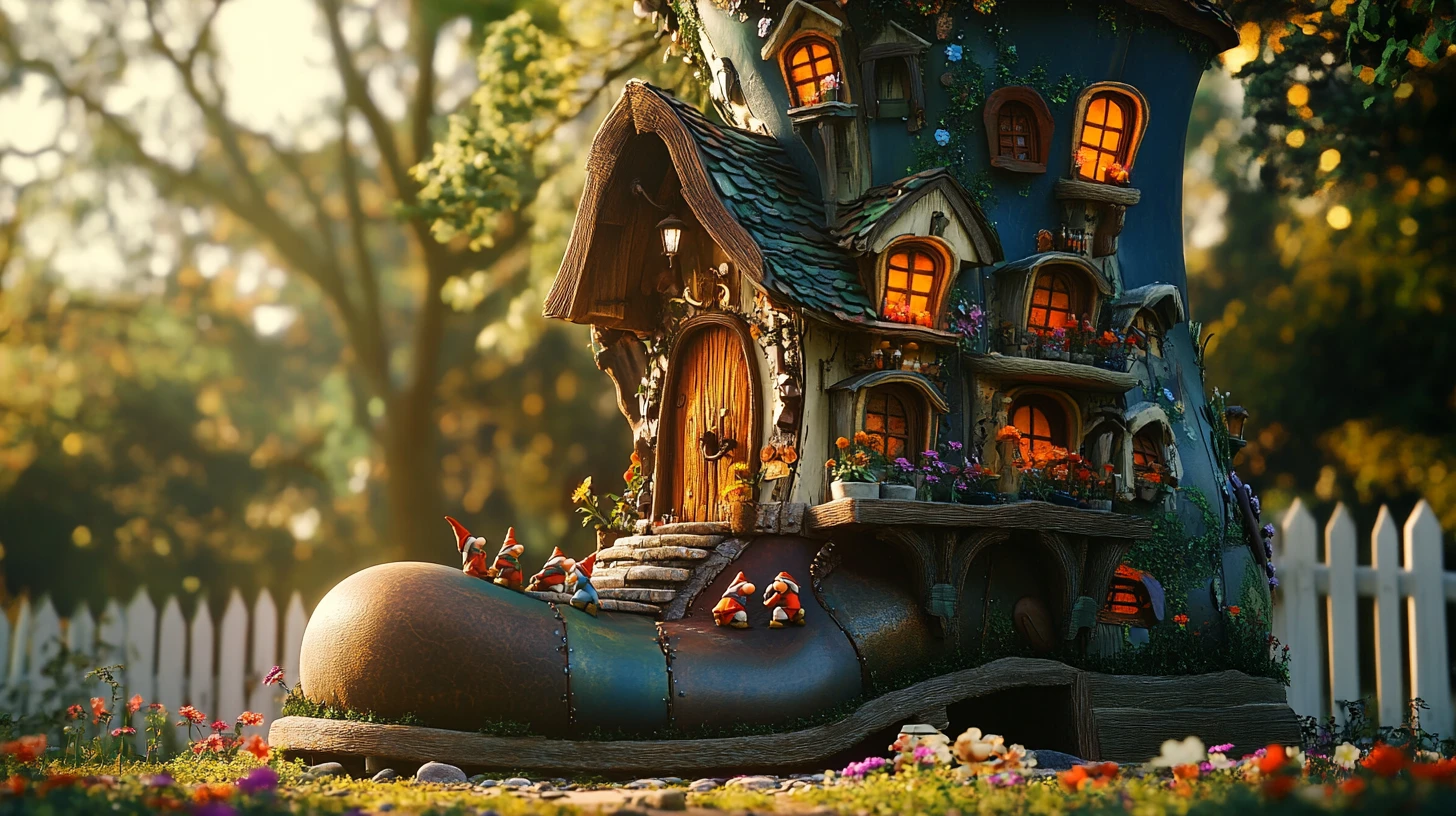 Whimsical 3D gnome boot house in a glowing forest