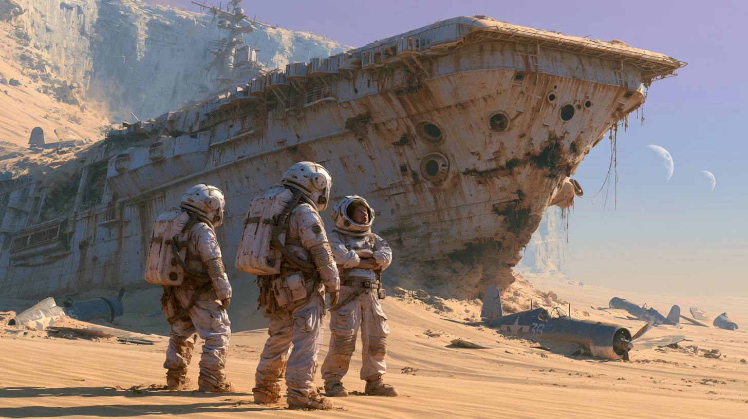 Astronauts Discover A Sunken Aircraft Carrier On Alien Sands