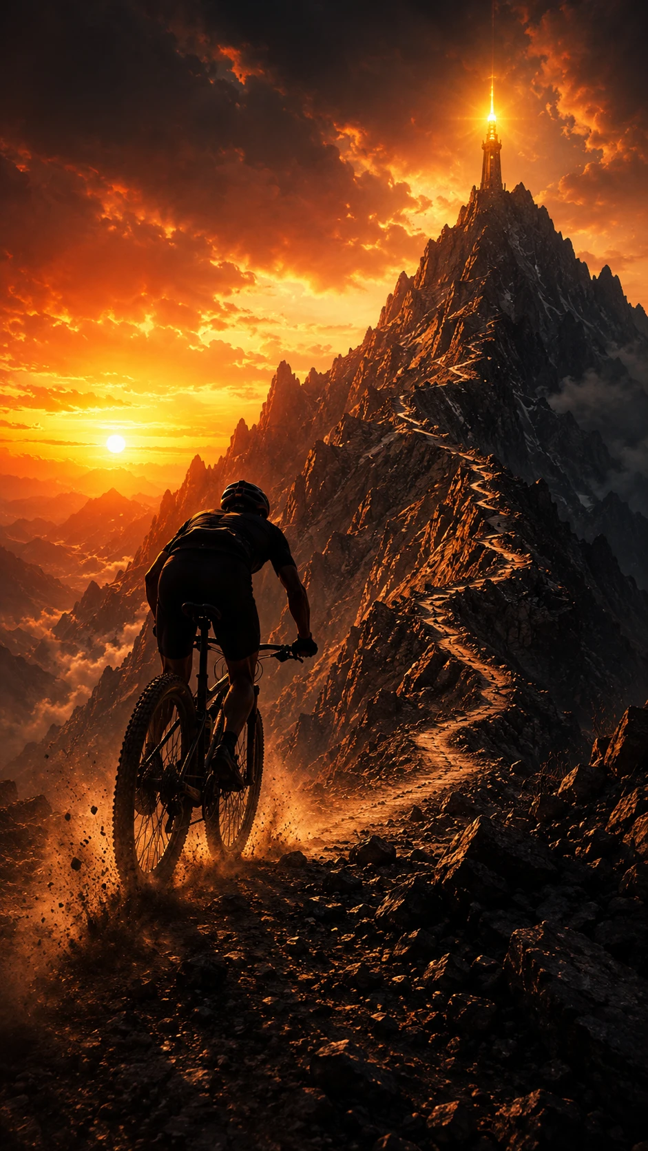 Radfahrersilhouette, die bei feurigem Sonnenuntergang einen Berg erklimmt