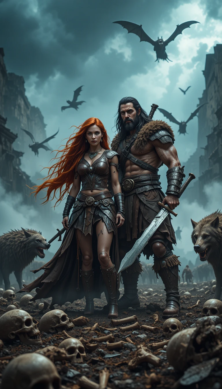 Pareja de guerreros bárbaros en un campo de batalla de fantasía oscura