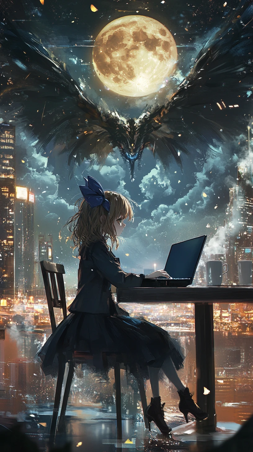 居心地の良いカフェでノートパソコンを使うアニメ少女