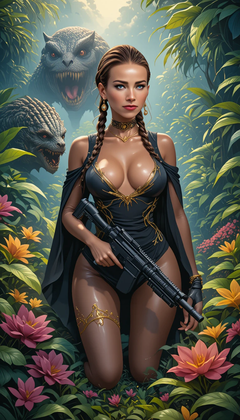 Mujer armada arrodillada en la jungla rodeada de frondoso follaje