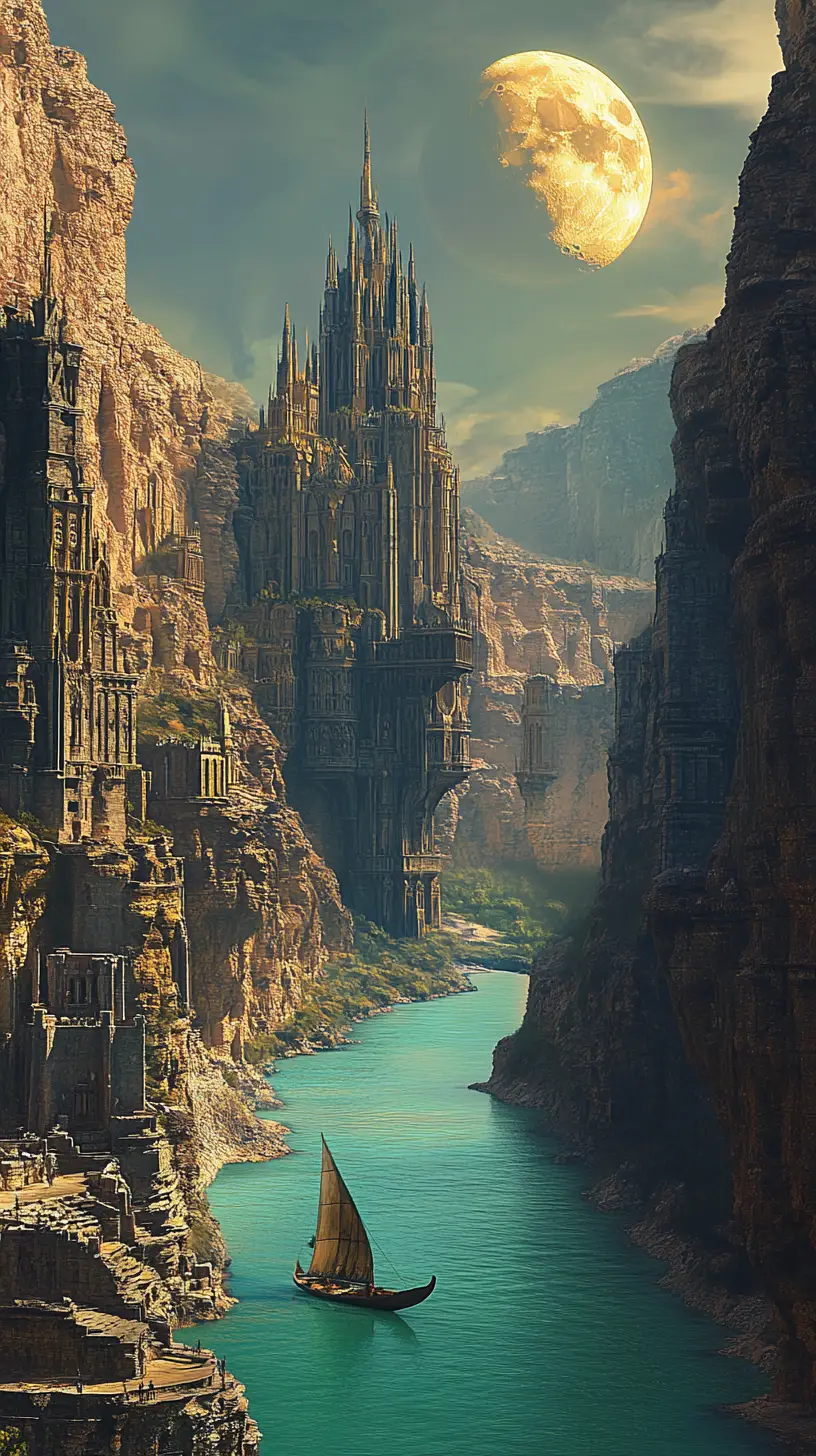 Fantasy city along a turquoise river between towering cliffs