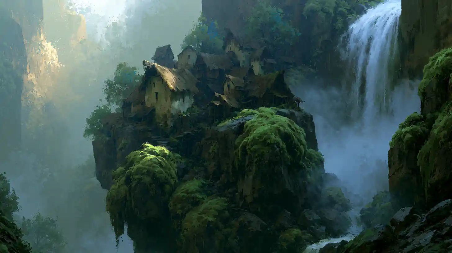 Villaggio mistico su scogliere rocciose con cascata