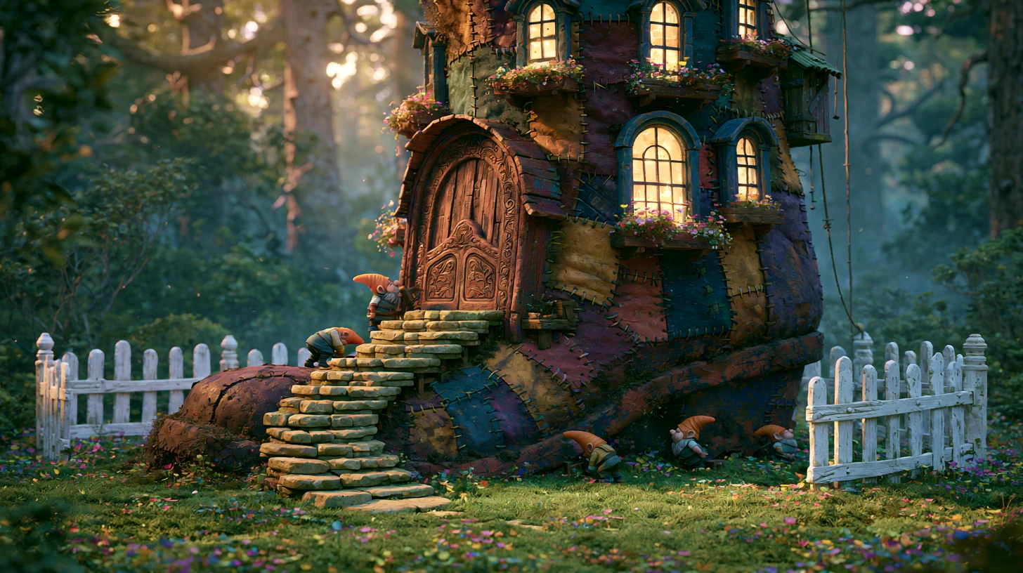 Whimsical 3d gnome boot house in a colorful forest