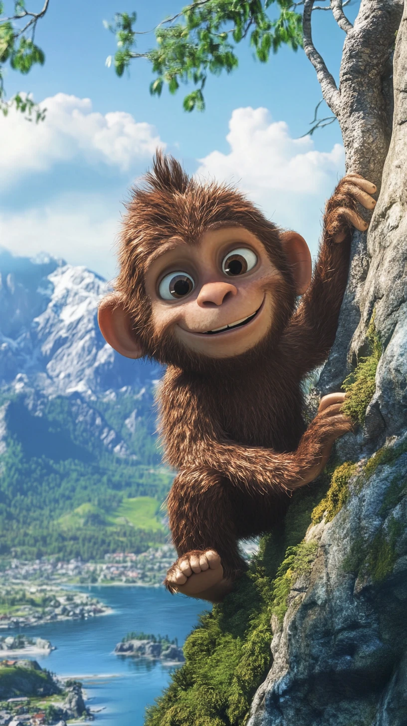 Mono tierno de caricatura en un paisaje de montaña y lago