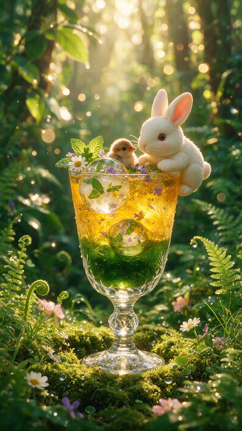 Cóctel herbal encantado con conejo de fondant bajo la luz del bosque