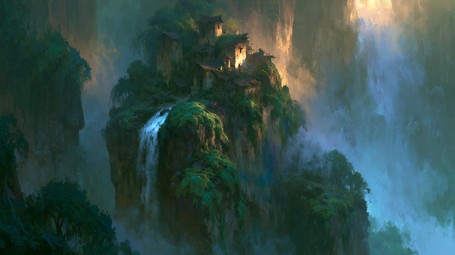 Misty Cliffside Village With Waterfall In Soft Golden Light