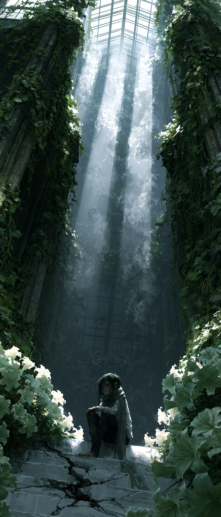 Anime figure in overgrown cathedral lit by falling sunlight