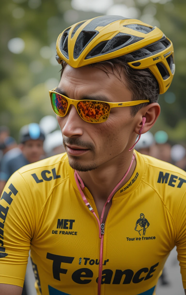 Focused young cyclist in bright yellow race jersey