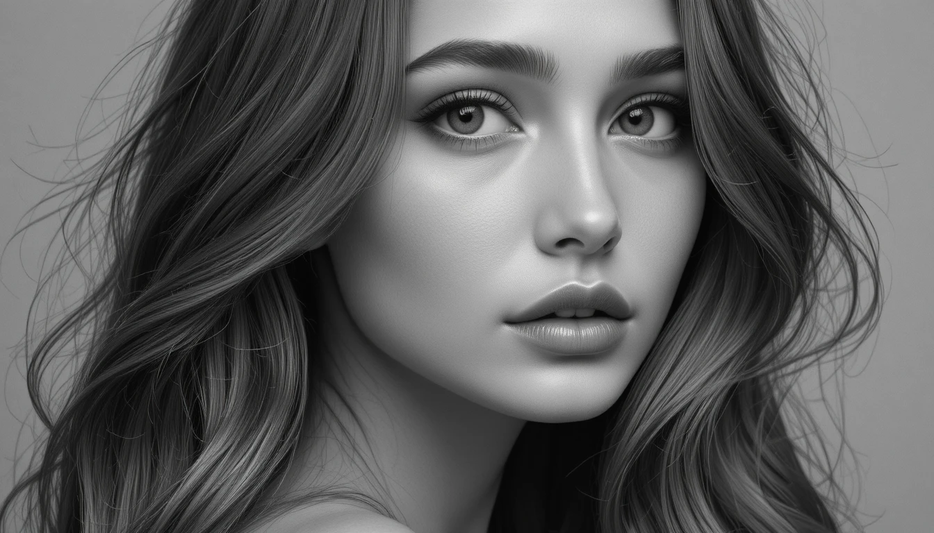 Retrato en primer plano en escala de grises de una mujer joven y serena