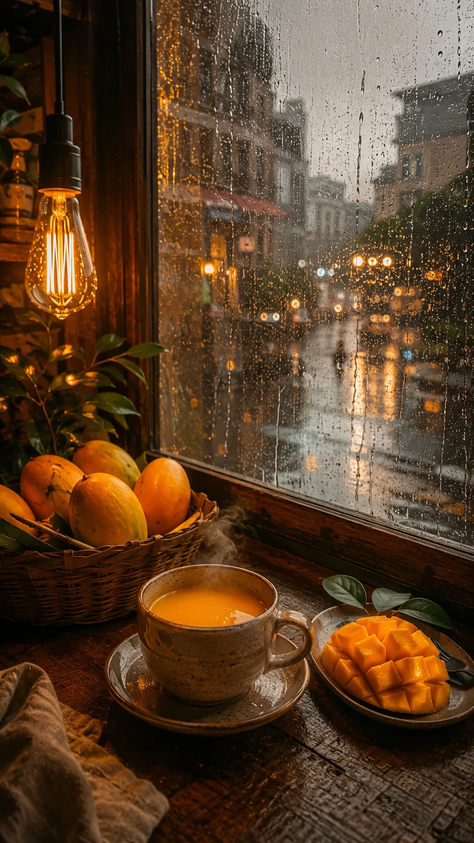 雨の午後のマンゴーティーと居心地のよいカフェの窓辺