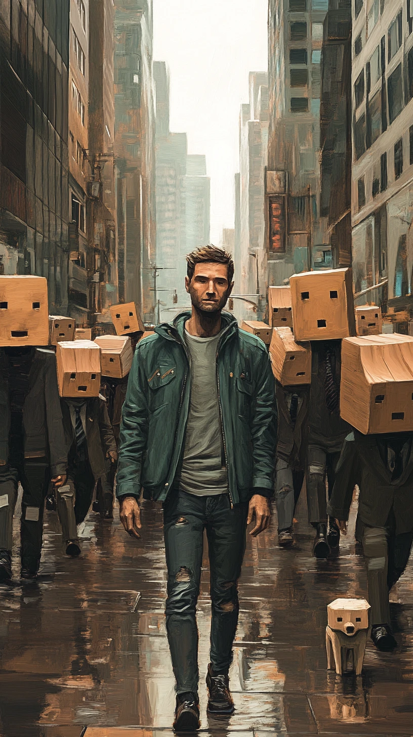 Calle urbana surrealista con un hombre real entre figuras de cabeza en caja