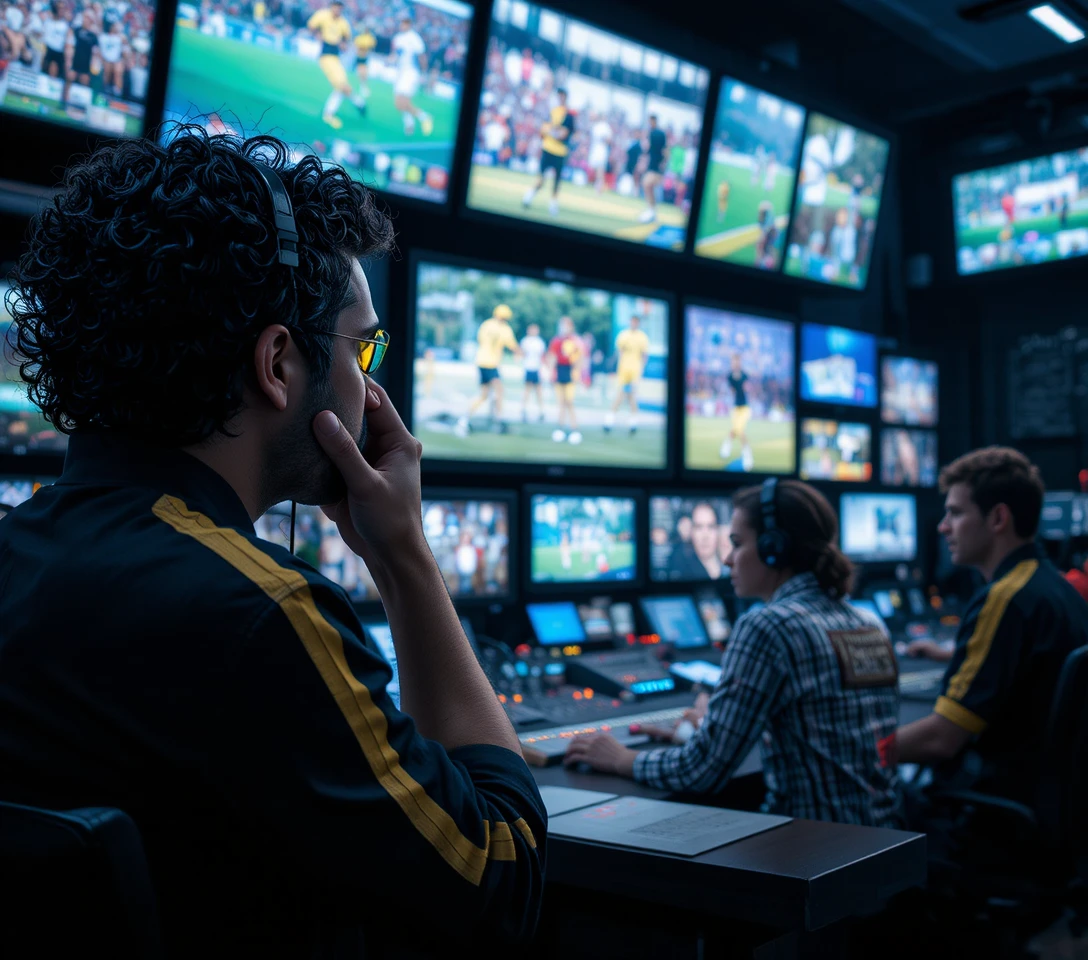 Equipo de sala de control de televisión monitoreando múltiples pantallas en vivo