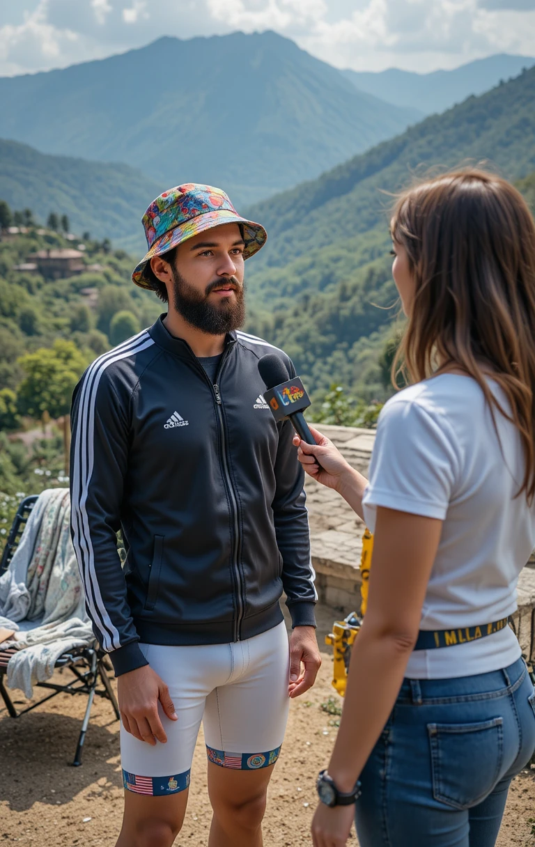 Entrevista al aire libre con ciclista en paisaje montañoso