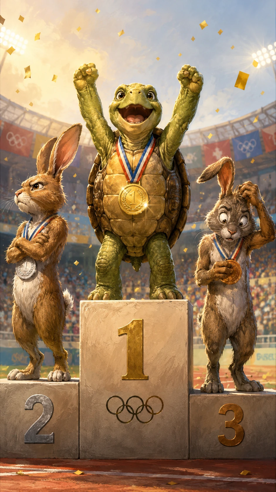 Tortuga campeona alegre en un podio olímpico de ganadores