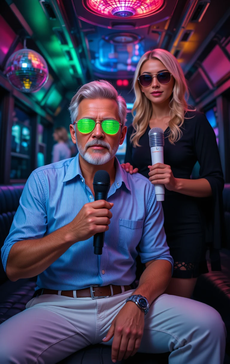 Hombre de mediana edad cantando con gafas shutter de neón