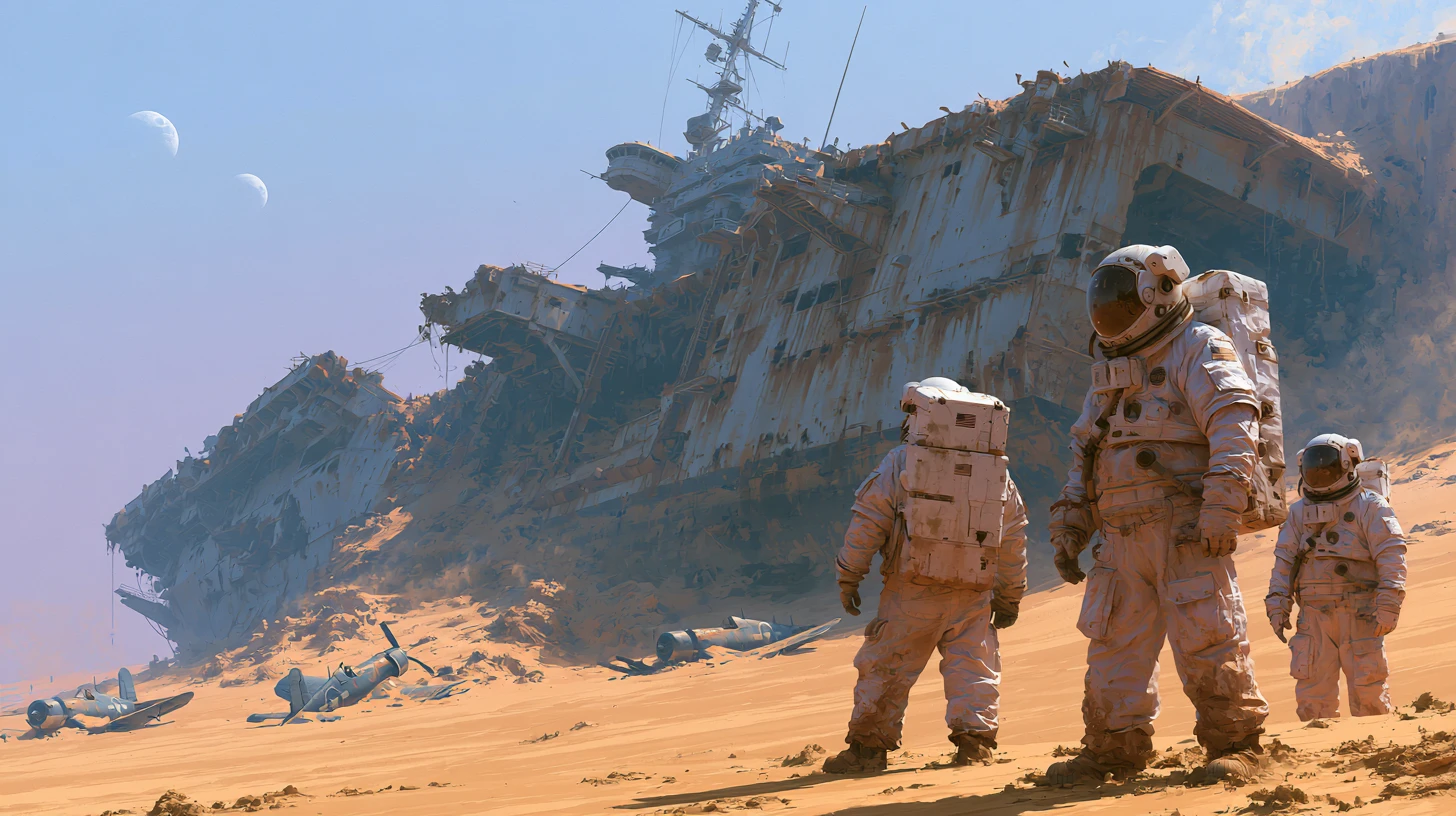 Astronauten entdecken gesunkenen Flugzeugträger im außerirdischen Sand