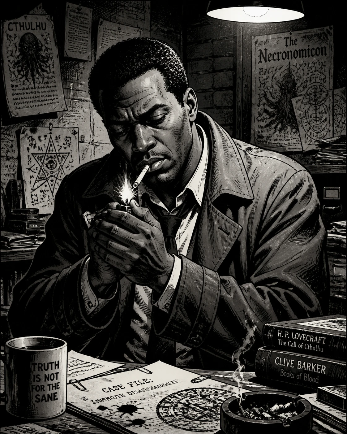 Detective noir encendiendo un cigarrillo en una oficina sombría