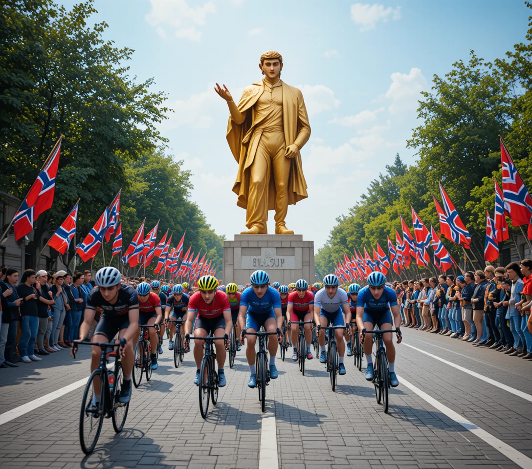 Ciclistas pasando a toda velocidad junto a monumento dorado en calle de la ciudad