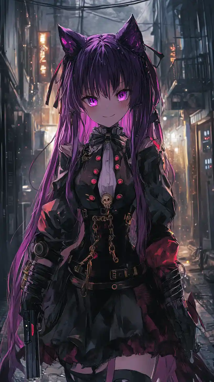 Anime girl with purple braid walking in city street