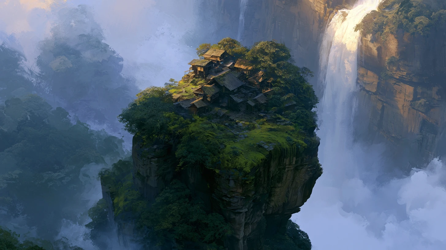 Rustic cliffside village with waterfall in dreamy mist