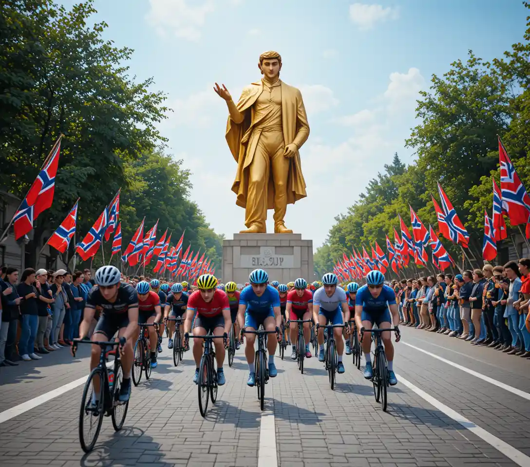 Cyclists racing past golden monument on city street
