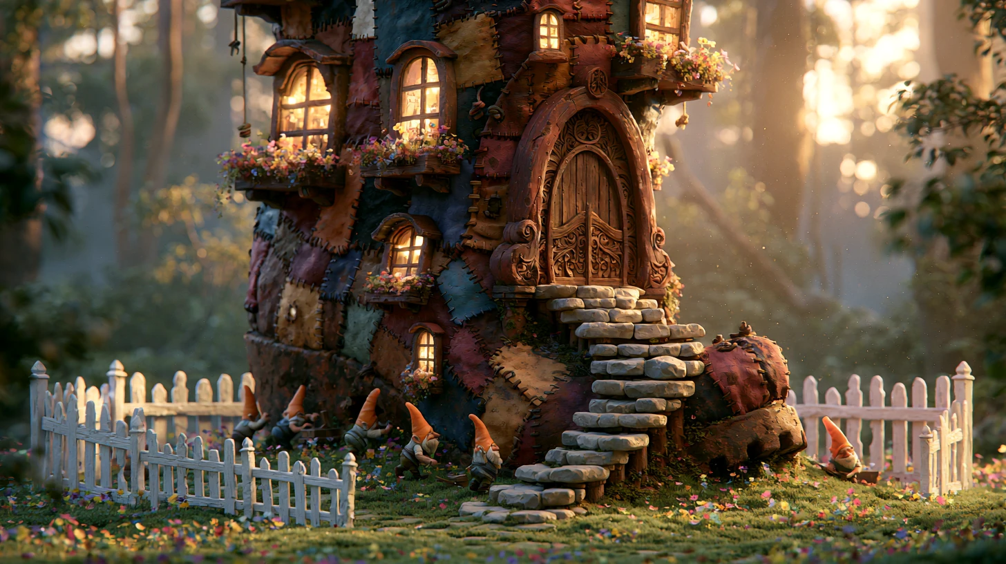 Whimsical gnome boot house in a colorful forest clearing