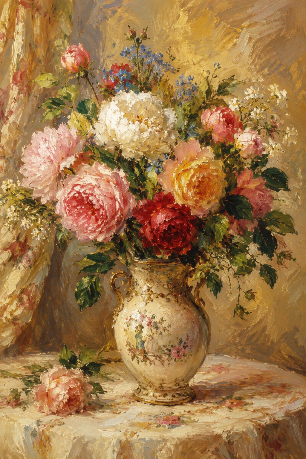 Lush flower bouquet in an antique vase on a table