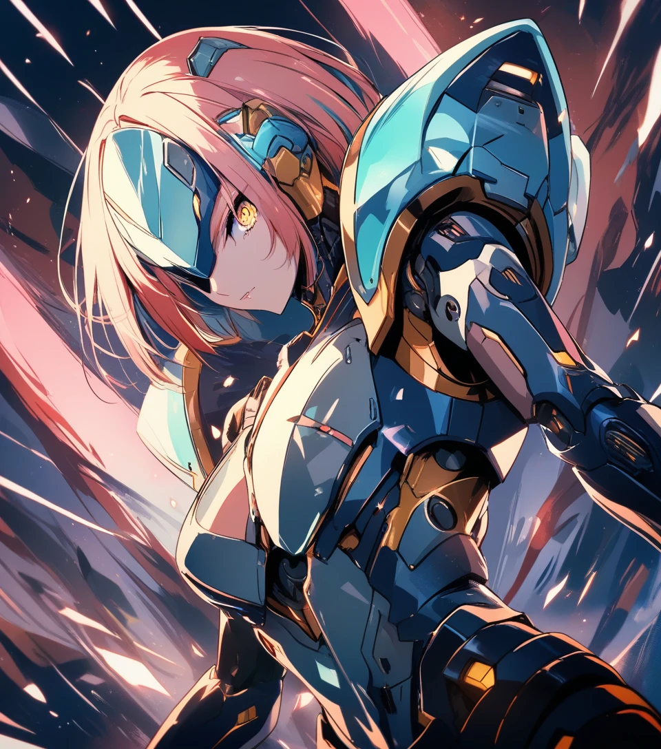 ダイナミックなクローズポートレートのアニメ女性アンドロイド警備ロボット