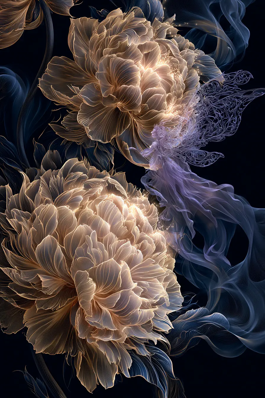 Glowing Golden Flowers With Delicate Fairy In Dark Void
