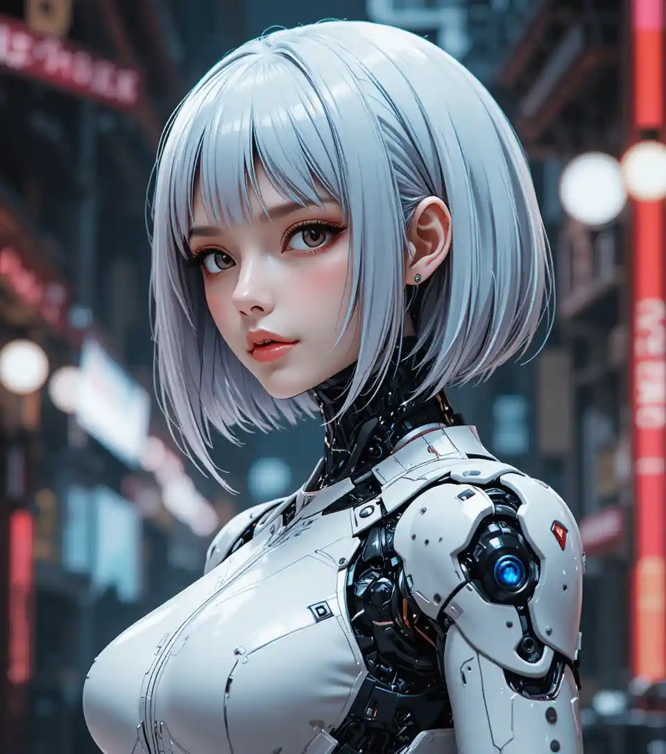 Anime android girl with sleek mechanical body in dynamic view
