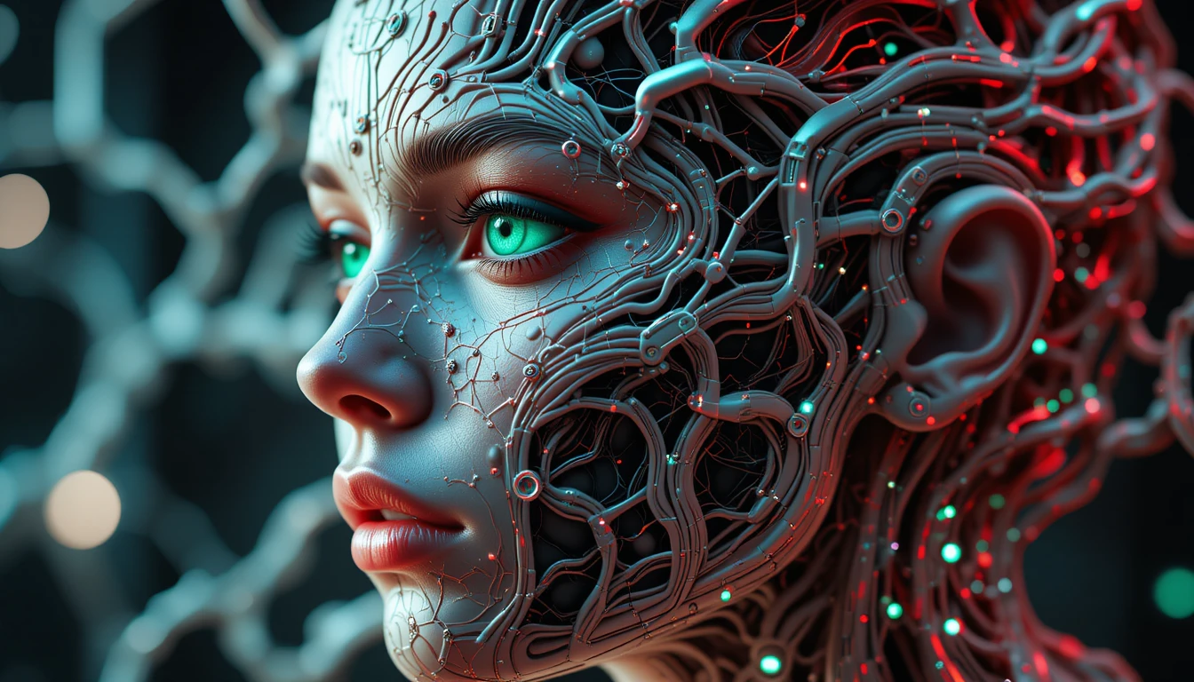 Mujer cibernética fusionada con arquitectura neural abstracta