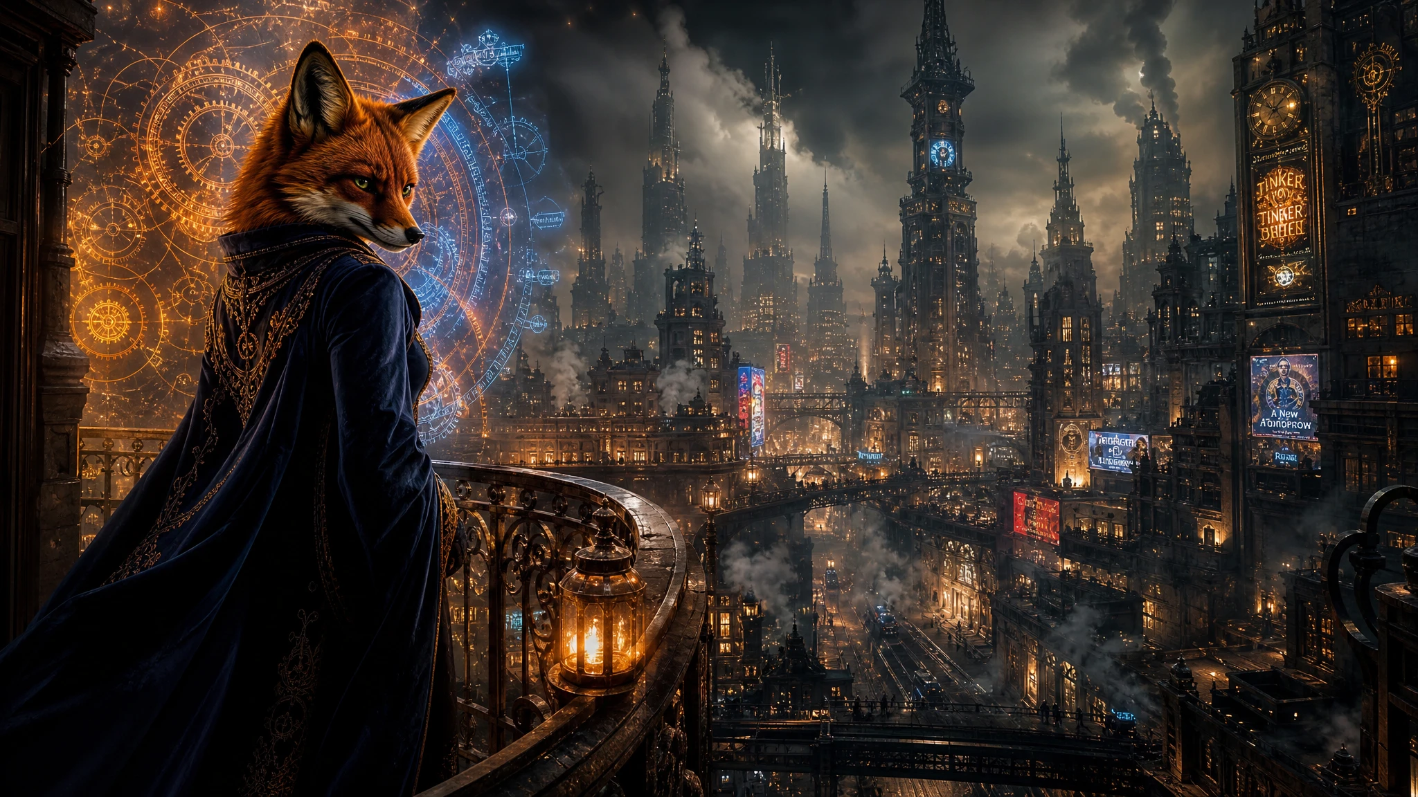 Zorro encapuchado en un balcón sobre una ciudad cyberpunk resplandeciente