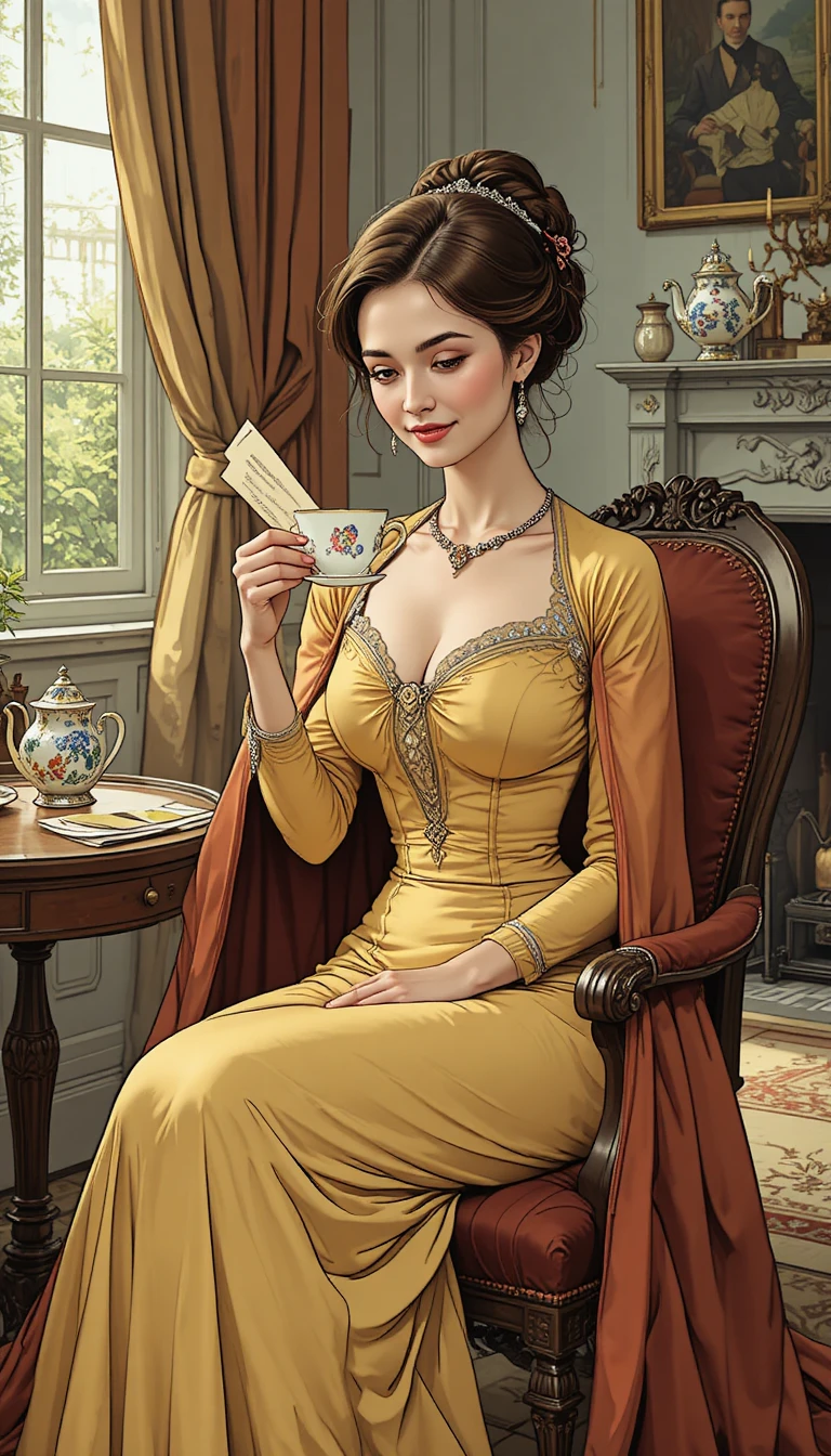 Mujer elegante con vestido amarillo tomando té en una sala victoriana