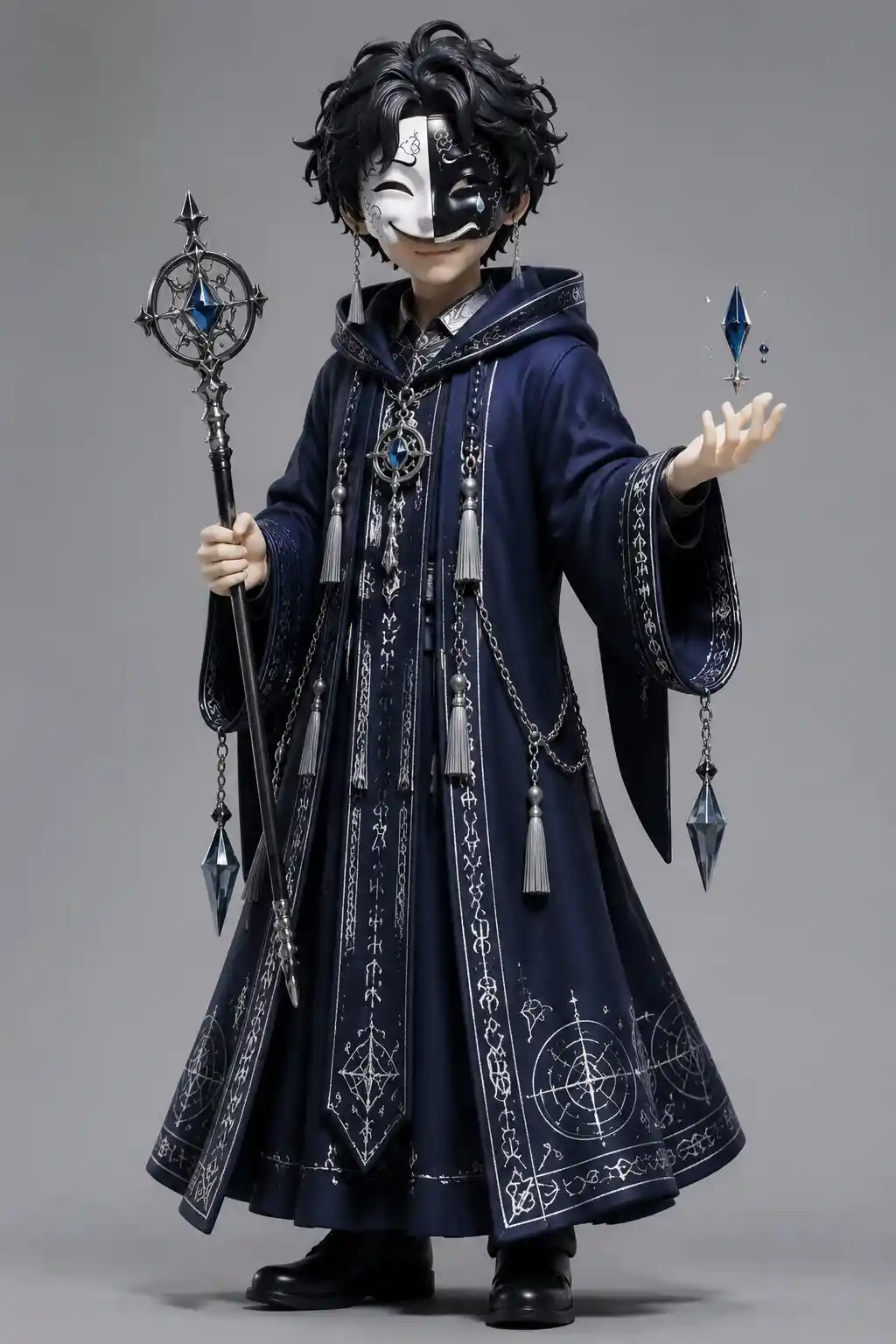 Masked magician with indigo robe on gray minimalist background