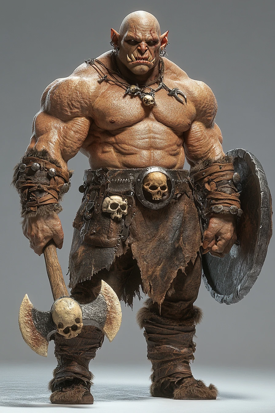 Massively muscled orc warrior with axe and shield