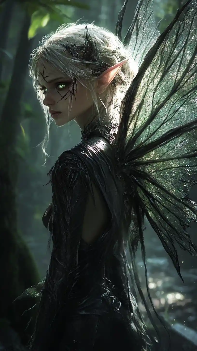 Defiant fairy with broken crystal wings in forest shadows
