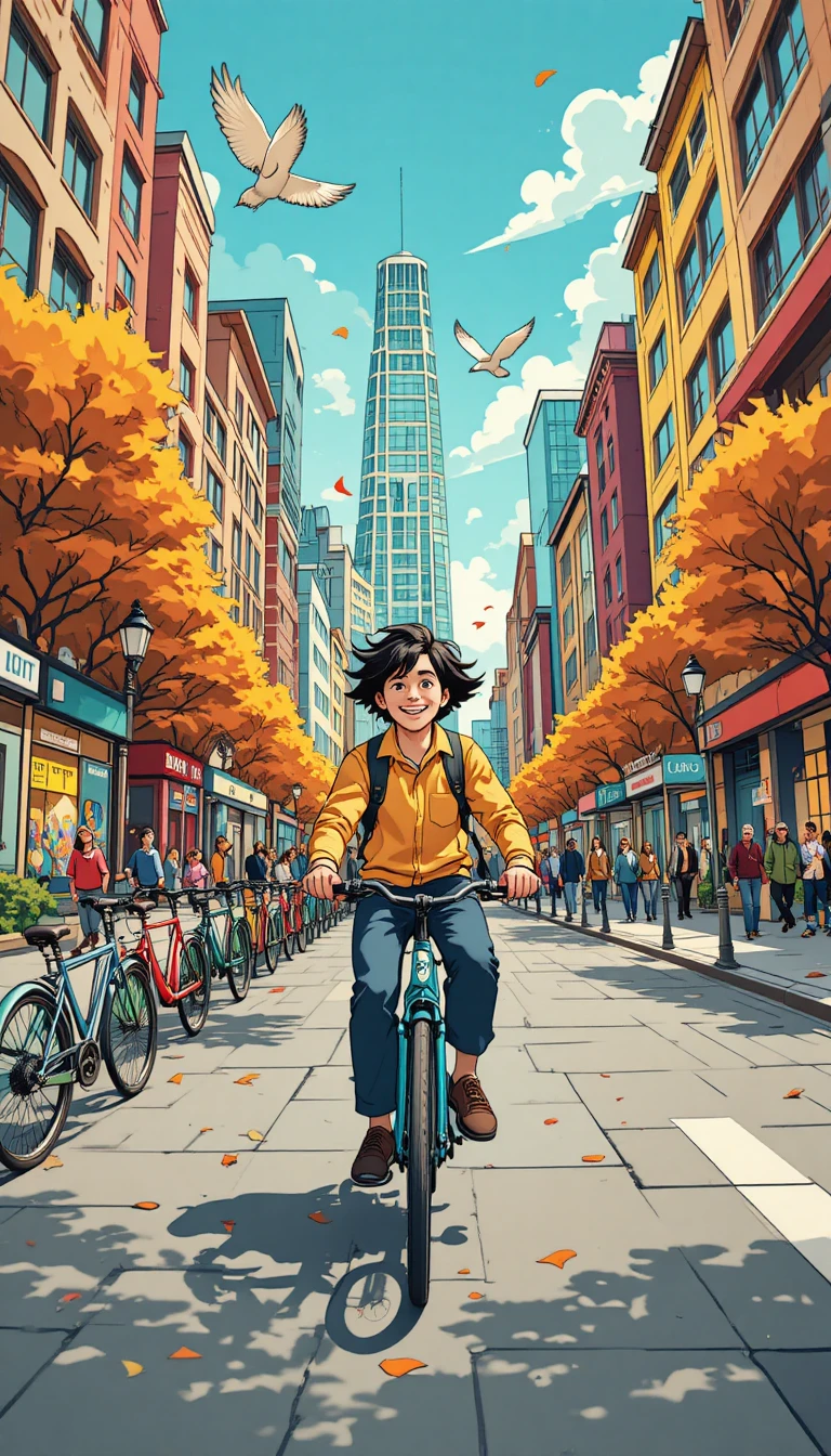 カラフルな街路を駆け抜ける陽気なサイクリスト