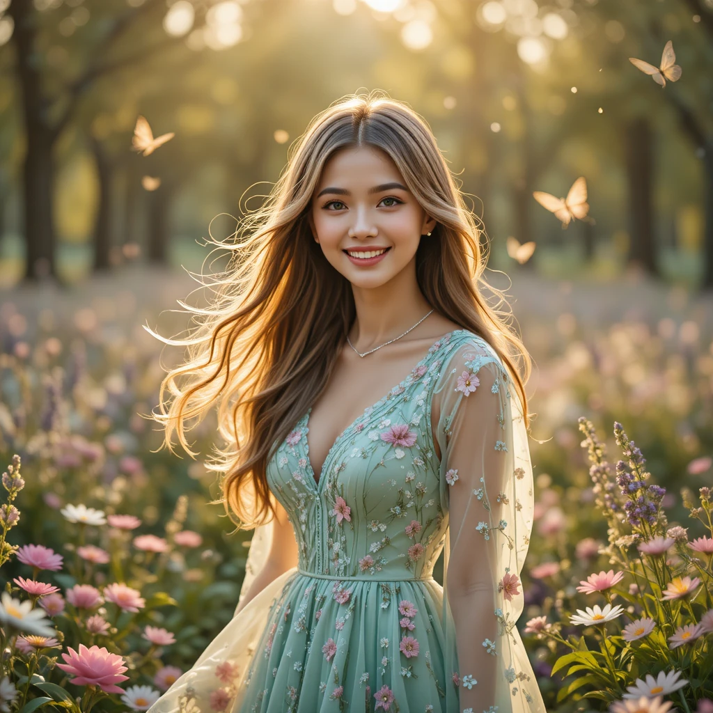 Chica sonriente con vestido floral en un prado dorado de flores