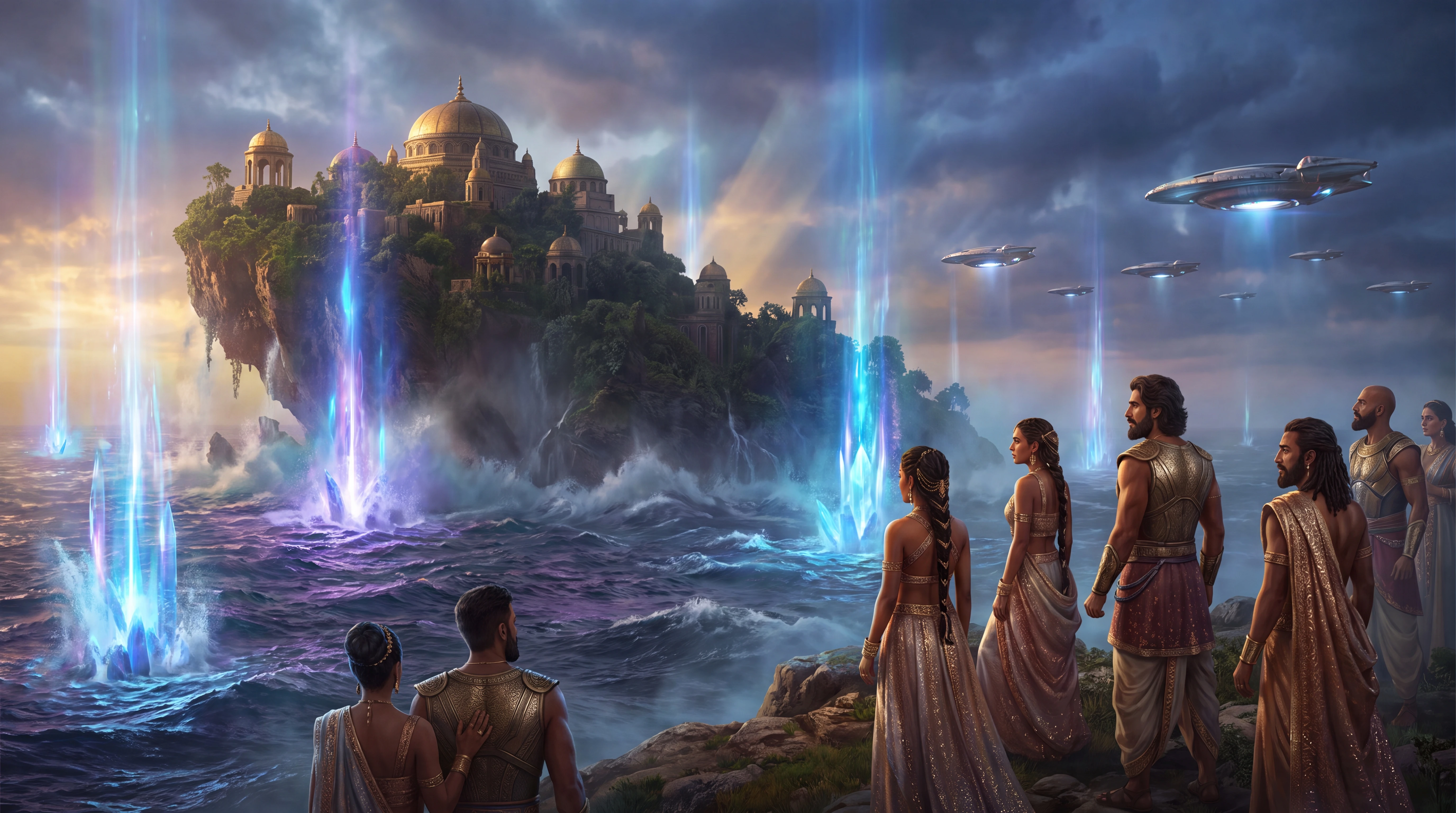 Atlantean explorers watch a mythical island rise from ocean