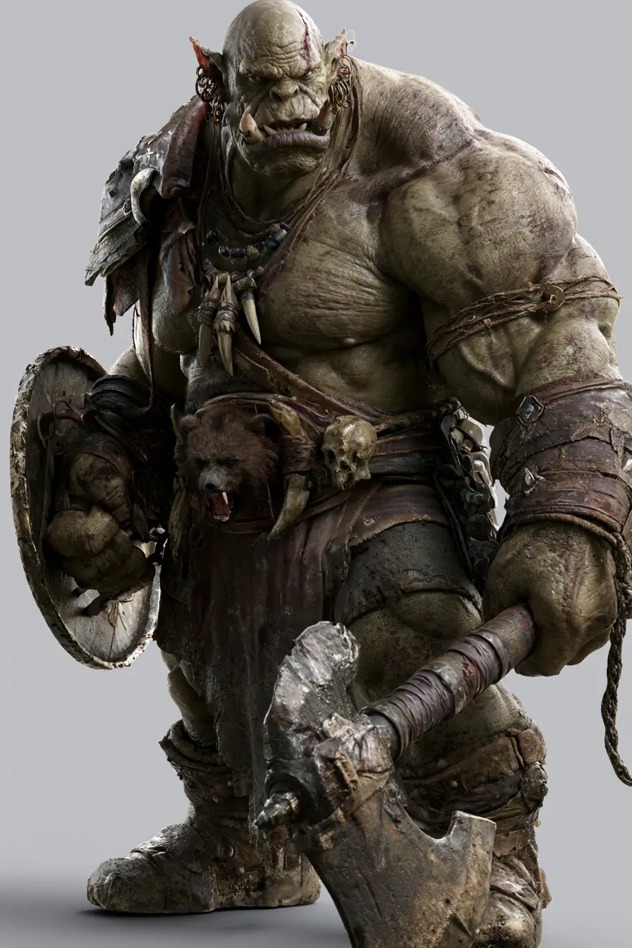 Massively muscled orc warrior with axe and shield