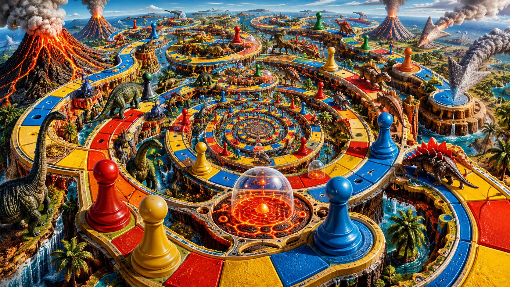 Migración surrealista de dinosaurios a través de un paisaje gigante de tablero de juego