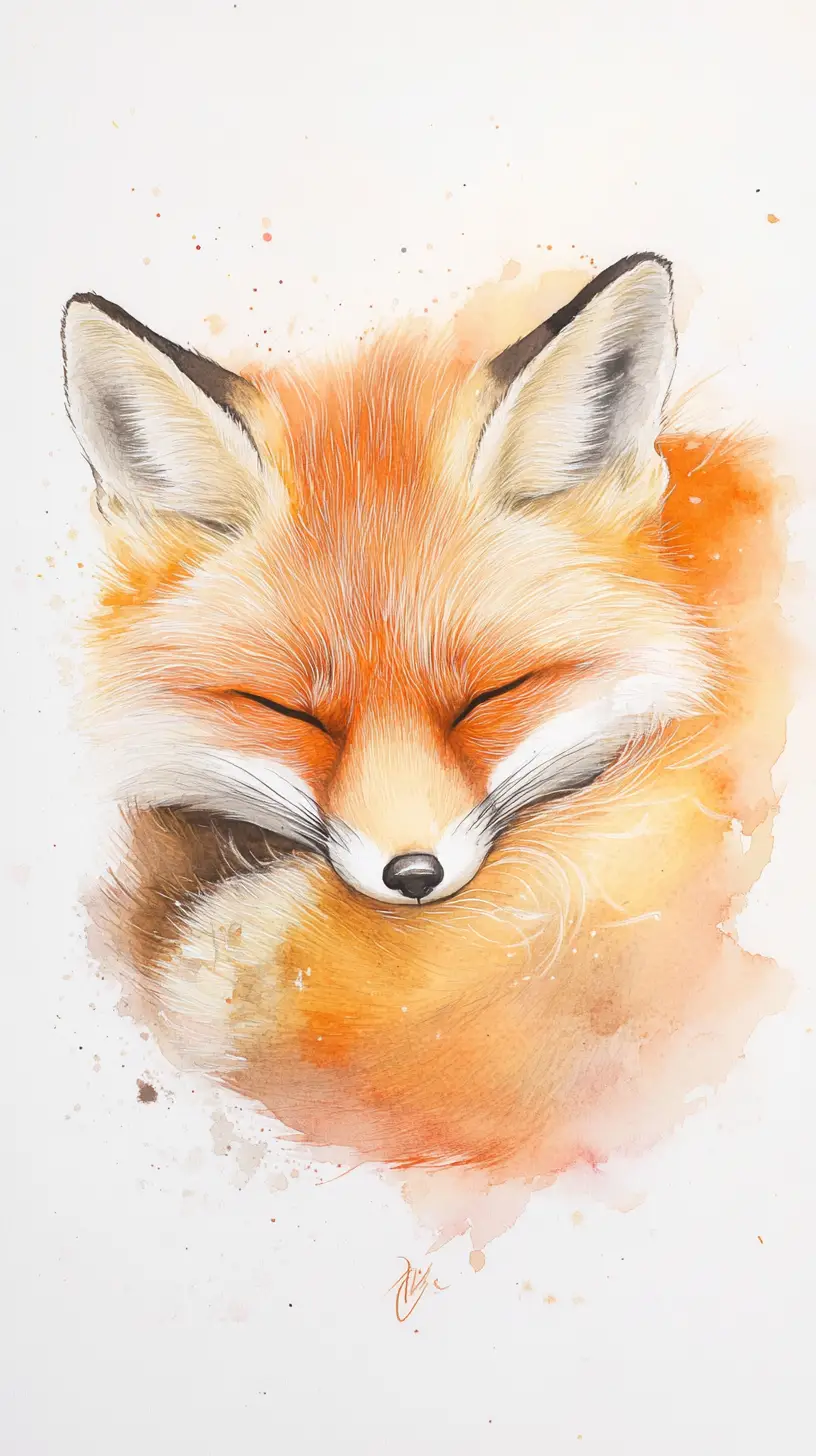 Sleeping fox in warm watercolor and sumi e brushwork