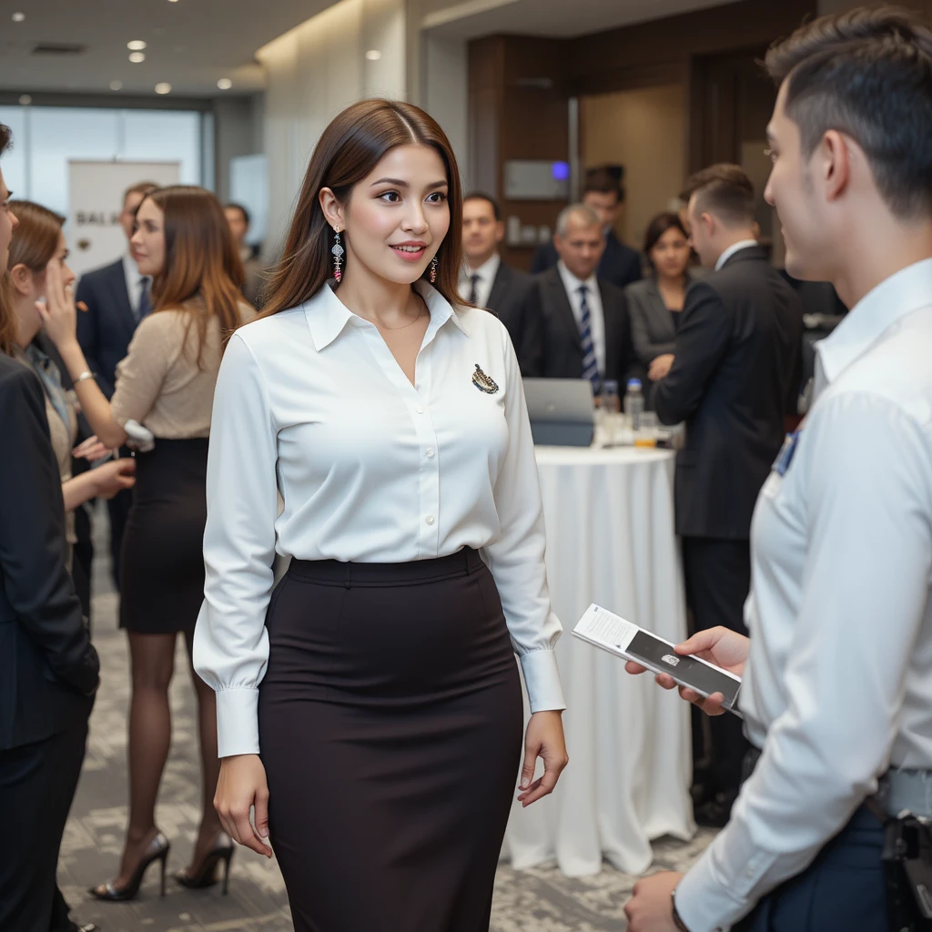 Mujer con ropa de oficina hablando en un evento corporativo