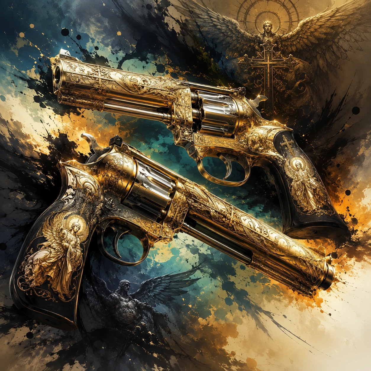 Close up of sacred engraved revolvers in dramatic light