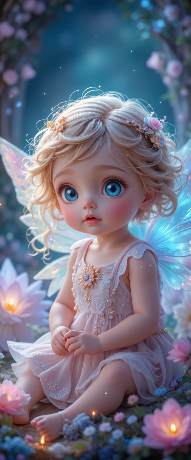 Adorable bebé hada niña con alas translúcidas brillantes