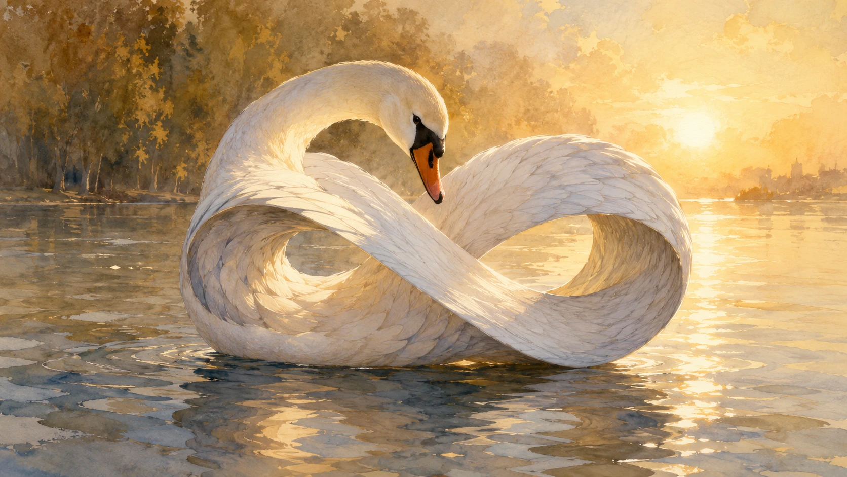 Elegante cisne blanco en pintura acuarela con luz cálida